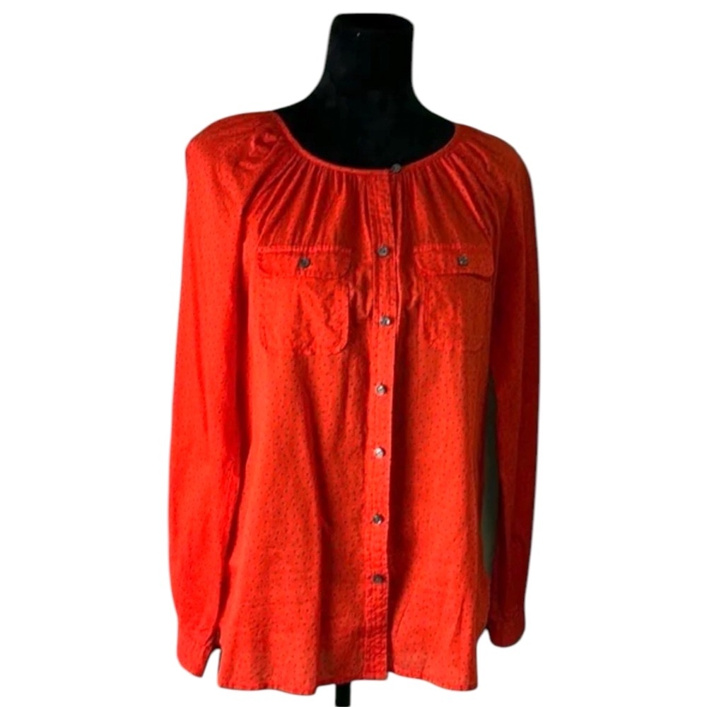 LOFT Red-Orange Polka Dot Side-Split Button-Down Blouse